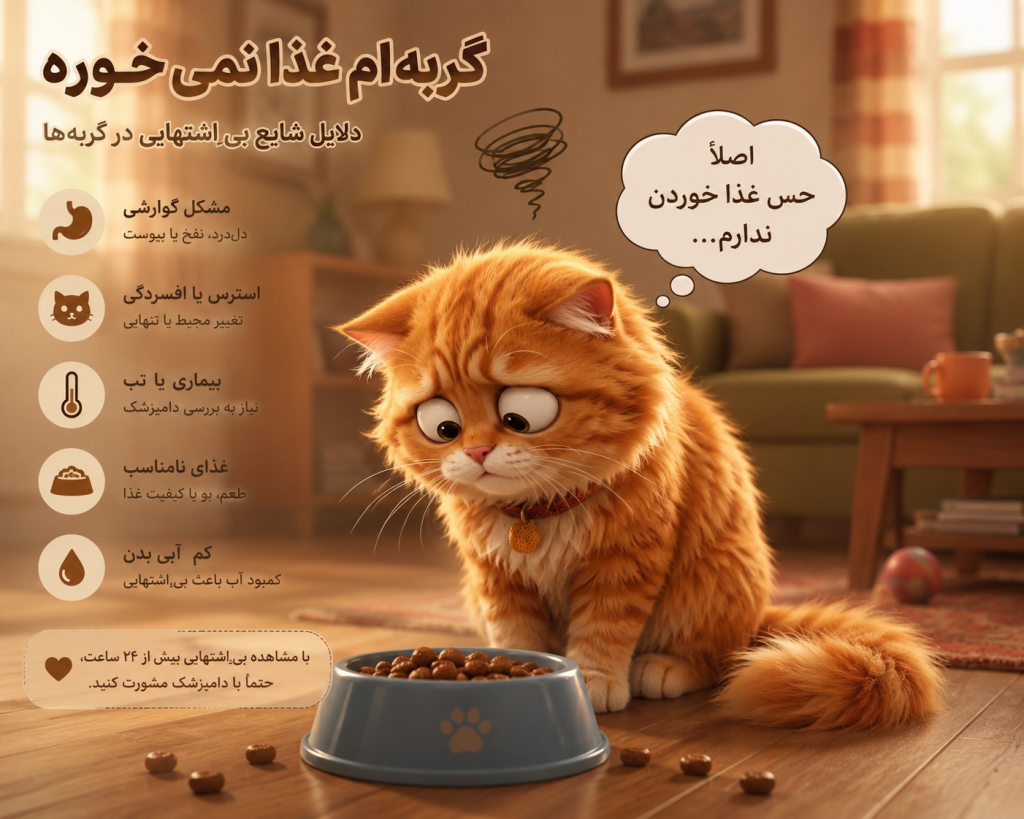 گربه بی‌اشتها کنار ظرف غذا